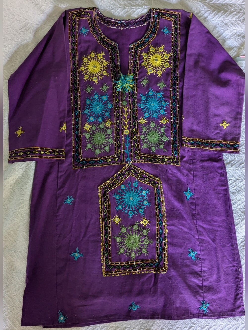 Embroidered Purple Indian Tunic with Multicolor Floral Motifs, Size M